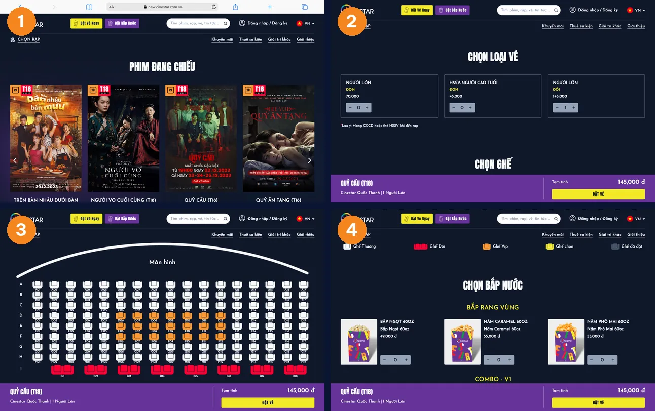 Bốn bước đặt vé trên website Cinestar: chọn phim, chọn vé, chọn ghế, chọn bắp nước