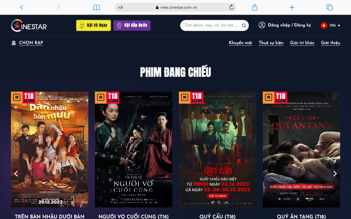 Trang phim đang chiếu trên website Cinestar mới