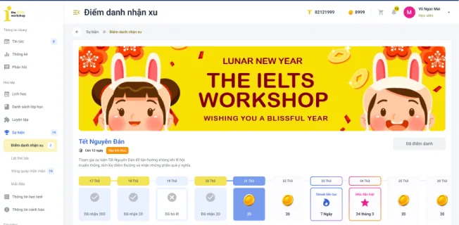 Điểm danh và nhận xu cho học viên trên phần mềm The IELTS Workshop